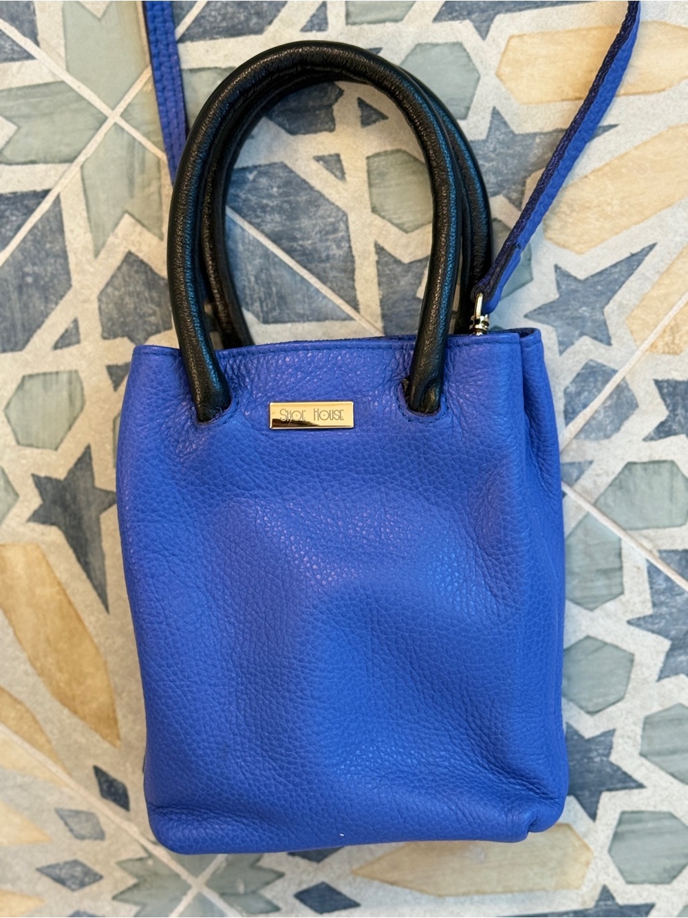 Blue Leather Mini Tote with Black Handles